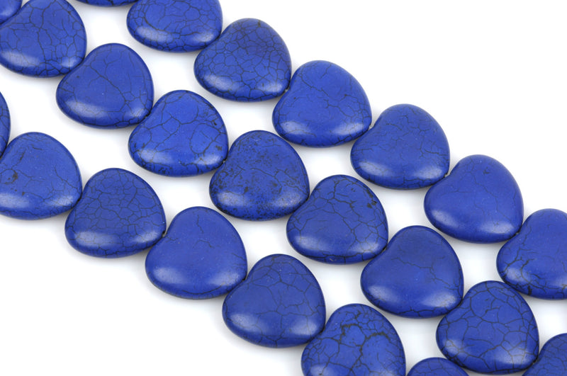 25mm Howlite Heart Beads, ROYAL BLUE, Puffy Heart Beads, Puffed Heart Beads, full strand, 17 beads per strand, how0653