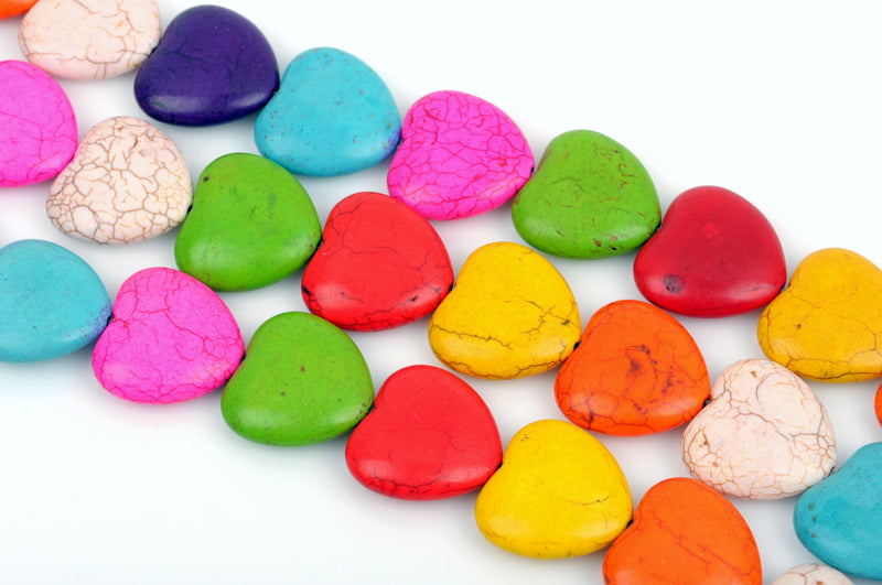 18mm Howlite GEMSTONE PUFFY HEART Beads in Mixed Bright Colors, full strand, 24 beads per strand, how0379