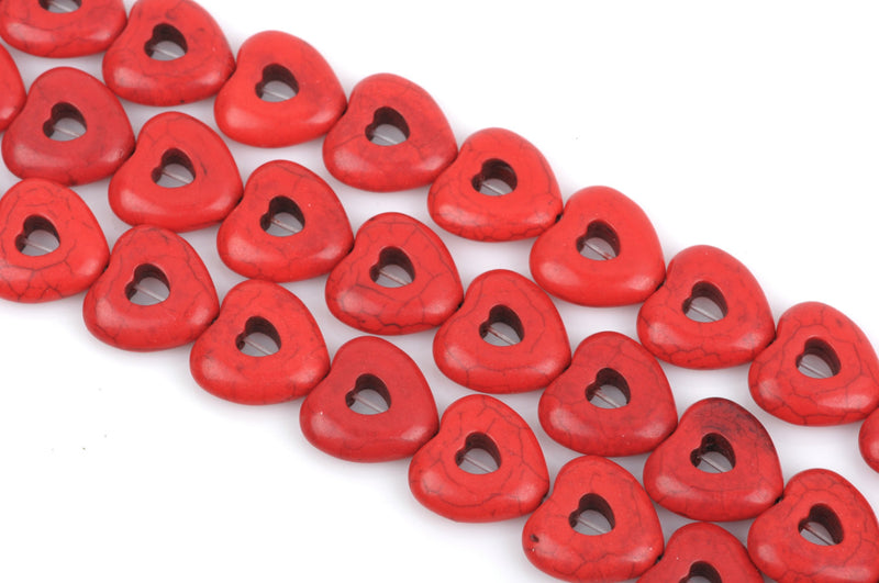 20mm Howlite Heart Beads, RED, Cutout Puffy Heart Beads, Puffed Heart Beads, full strand, 21 beads per strand, how0419