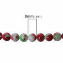 8mm Howlite Round Beads, RED GREEN WHITE Marble, full strand, 50 beads per strand, how0421