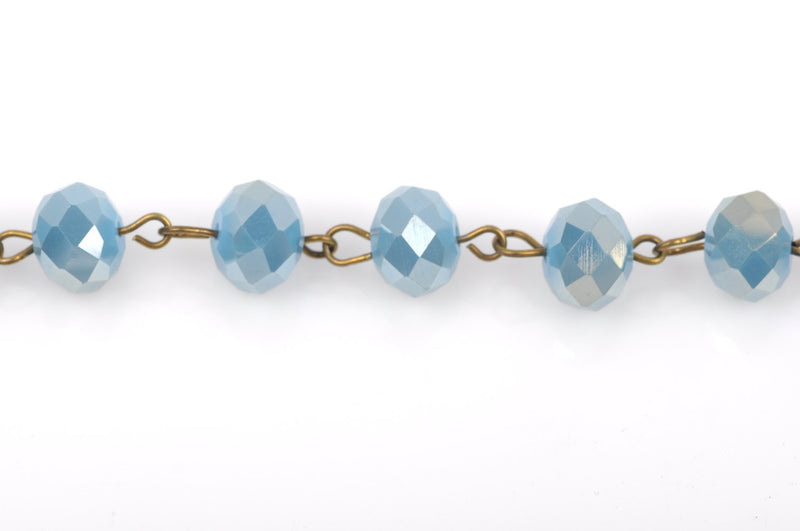 1 yard (3 feet) TURQUOISE BLUE Crystal Rondelle Rosary Chain, antique gold, 10mm faceted rondelle glass beads, fch0352a
