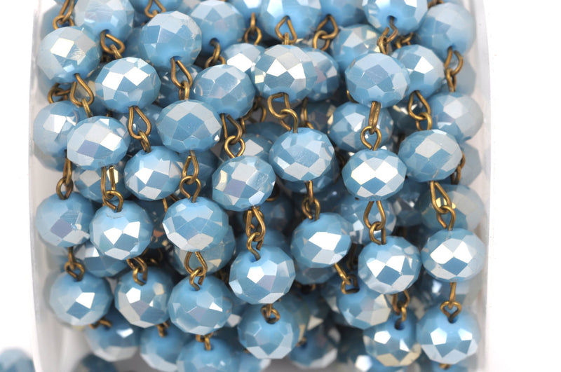 13 feet (4 meters) TURQUOISE BLUE Crystal Rondelle Rosary Chain, antique gold, 10mm faceted rondelle glass beads, fch0352b