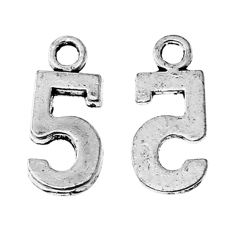6 Silver Plated Number 5 (five) Charms, 15mm tall, about 5/8" chs2285