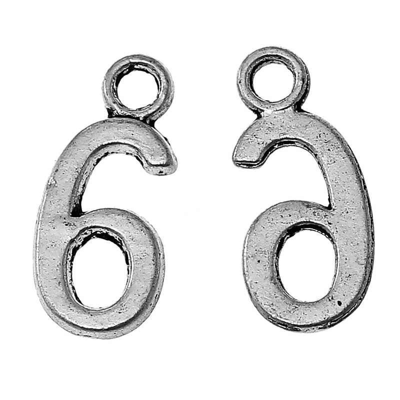 6 Silver Plated Number 6 (six) Charms, 15mm tall, about 5/8" chs2286