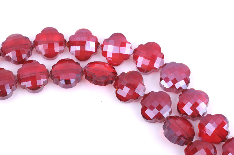 10 RED QUATREFOIL Crystal Glass Beads, checkerboard faceted,  20mm, bgl1347