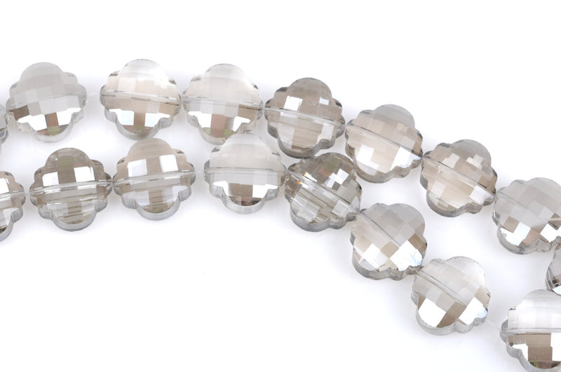 10 SHADOW GREY QUATREFOIL Crystal Glass Beads, electroplated on one side, checkerboard faceted,  20mm, bgl1353