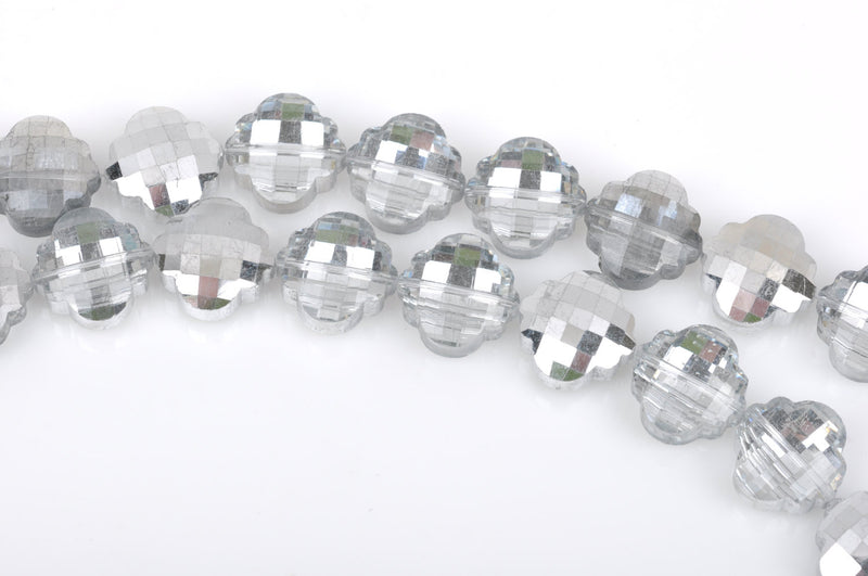 10 SILVER and CLEAR QUATREFOIL Crystal Glass Beads, electroplated on one side, checkerboard faceted,  20mm, bgl1354