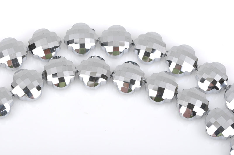 10 SILVER METALLIC QUATREFOIL Crystal Glass Beads, electroplated on both sides, checkerboard faceted,  20mm, bgl1355