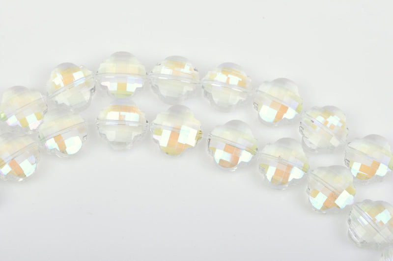 10 CLEAR AB QUATREFOIL Crystal Glass Beads, rainbow plated, checkerboard faceted,  20mm, bgl1356
