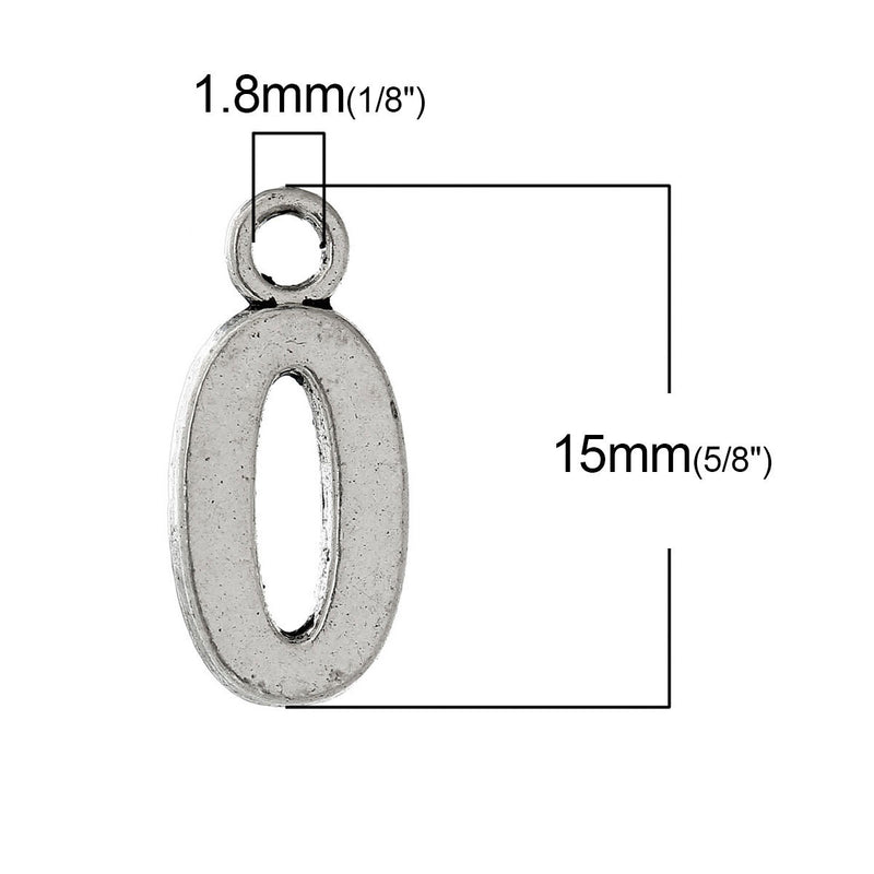 6 Silver Plated Number 0 (zero) Charms, 15mm tall, about 5/8" chs2280