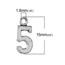 6 Silver Plated Number 5 (five) Charms, 15mm tall, about 5/8" chs2285