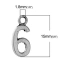 6 Silver Plated Number 6 (six) Charms, 15mm tall, about 5/8" chs2286