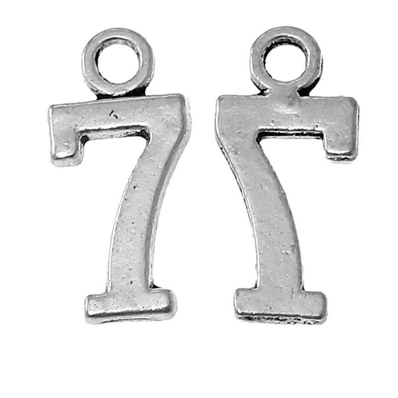 6 Silver Plated Number 7 (seven) Charms, 15mm tall, about 5/8"  chs2287