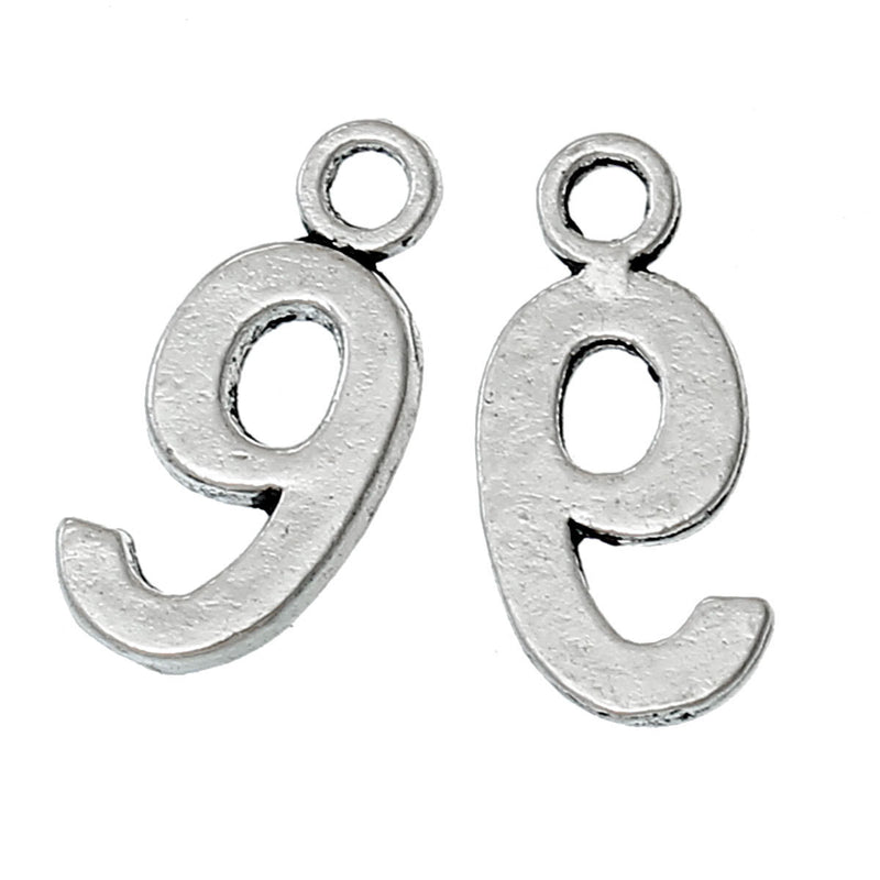 6 Silver Plated Number 9 (nine) Charms, 15mm tall, about 5/8" chs2289