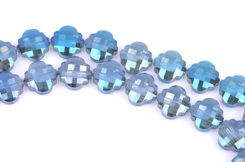 10 MYSTIC BLUE QUATREFOIL Crystal Glass Beads, checkerboard faceted,  20mm, bgl1349