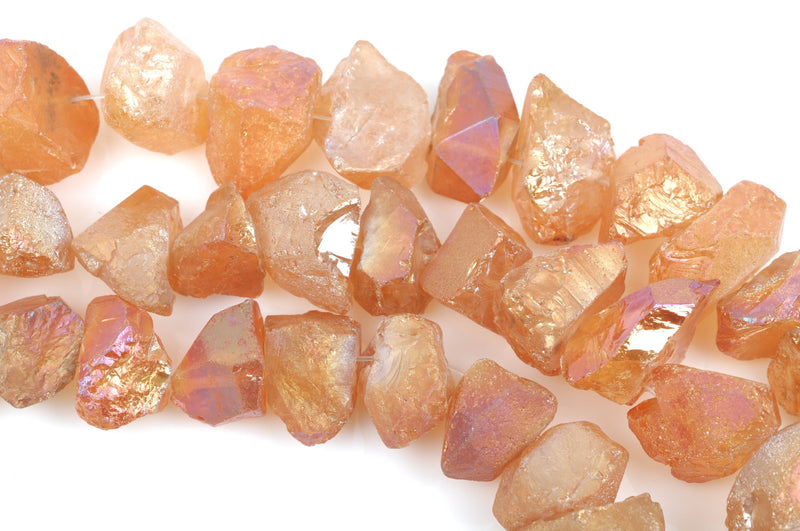 Titanium Quartz Gemstone Beads, Polished Rough NUGGETS Beads, metallic beads, PEACH AB Coated, full strand, about 27-29 beads, gqz0078