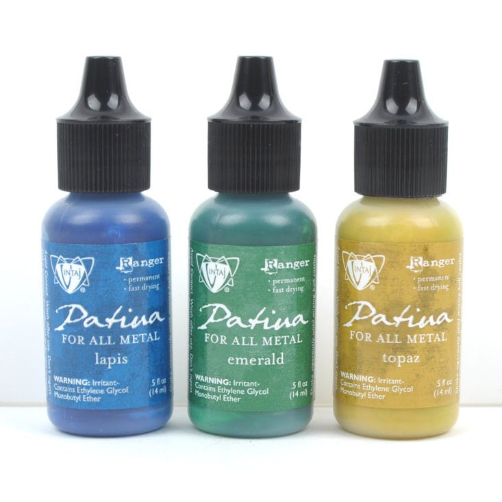 Set of 3 Patina for All Metal, Vintaj Ranger, FADED PICKUP, 1/2 oz. bottles in shades of blue, green, yellow, pnt0003