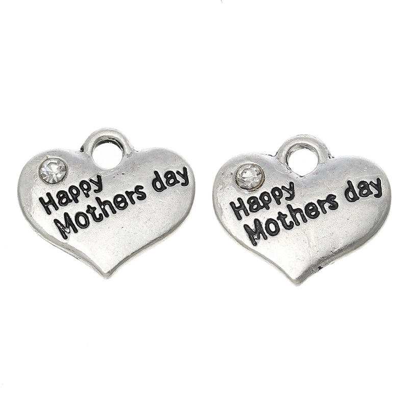 1 Antique Silver Rhinestone "Happy Mother's Day" Heart Charm Pendant 16x14mm chs2296a