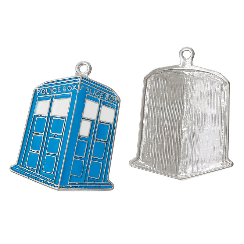 1 Large Blue Enamel and Silver Tone POLICE BOX Pendant, Phone Box Charm, Blue Police Box, 42x33mm, che0513