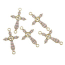 5 PINK Enamel and Light Gold Plated FANCY Cross with Rhinestones Connector Charms, chg0383