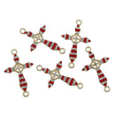 5 RED Enamel and Light Gold Plated FANCY Cross with Rhinestones Connector Charms, chg0380