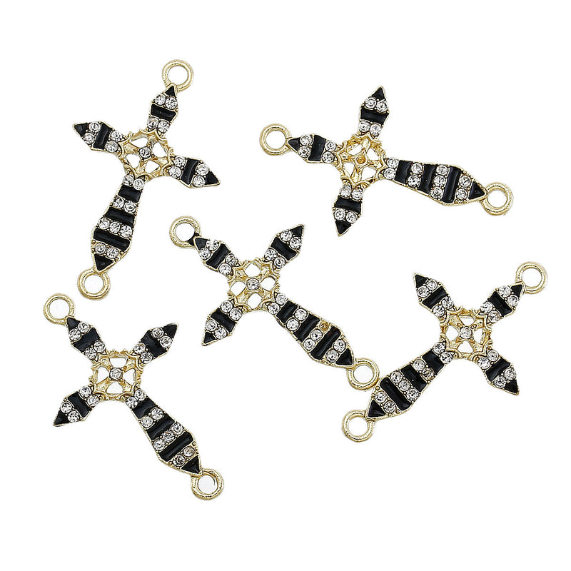 5 BLACK Enamel and Light Gold Plated FANCY Cross with Rhinestones Connector Charms, chg0378