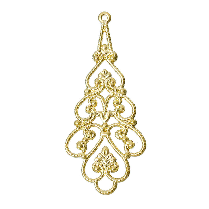 10 GOLD PLATED Brass Teardrop Filigree, Charms, Pendants, Findings, 41x18mm, fil0062