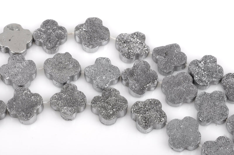 2 DRUZY Beads, Clover Shape, Metallic SILVER with Sparkly Crystals, Natural Druzy Quartz Beads, flat back cabochons,  20mm gdz0224