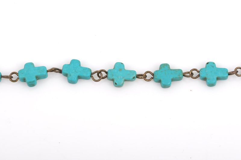 1 yard TURQUOISE HOWLITE CROSS Bead Rosary Chain, gemstone chain, bronze gold links, 10x8mm cross gemstone beads, fch0372a