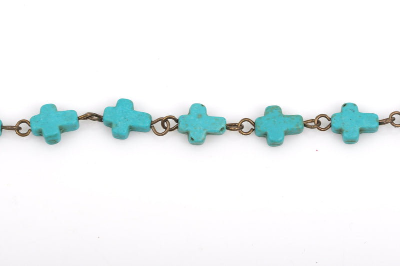 10 ft. spool TURQUOISE HOWLITE CROSS Bead Rosary Chain, gemstone chain, bronze gold links, 10x8mm cross gemstone beads, fch0372b