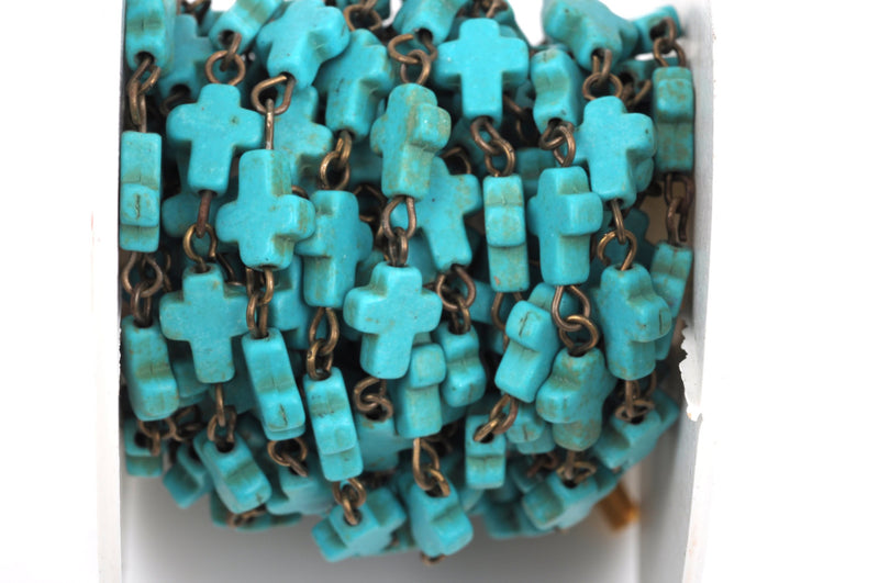 10 ft. spool TURQUOISE HOWLITE CROSS Bead Rosary Chain, gemstone chain, bronze gold links, 10x8mm cross gemstone beads, fch0372b