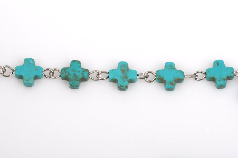 1 yard TURQUOISE HOWLITE Maltese CROSS Bead Rosary Chain, gemstone chain, silver links, 8mm round gemstone beads, fch0373a