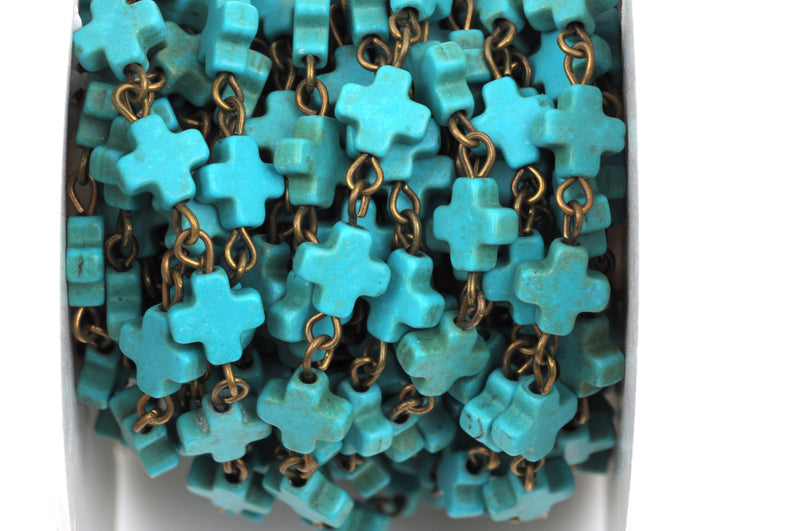 13 ft spool TURQUOISE HOWLITE Maltese CROSS Bead Rosary Chain, gemstone chain, bronze links, 8mm, fch0374