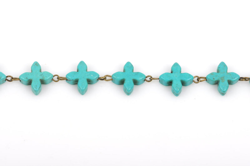 10 ft. spool TURQUOISE HOWLITE Fancy CROSS Bead Rosary Chain, gemstone chain, bronze gold links, 14mm gemstone beads, fch0376b