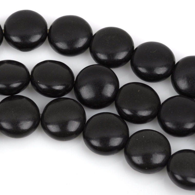 14mm JET BLACK Howlite Round Coin Beads, full strand, 27 beads, how0445