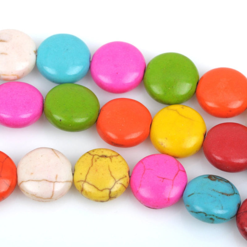 12mm MIXED COLORS Howlite Round Coin Beads, full strand, 33 beads, how0447