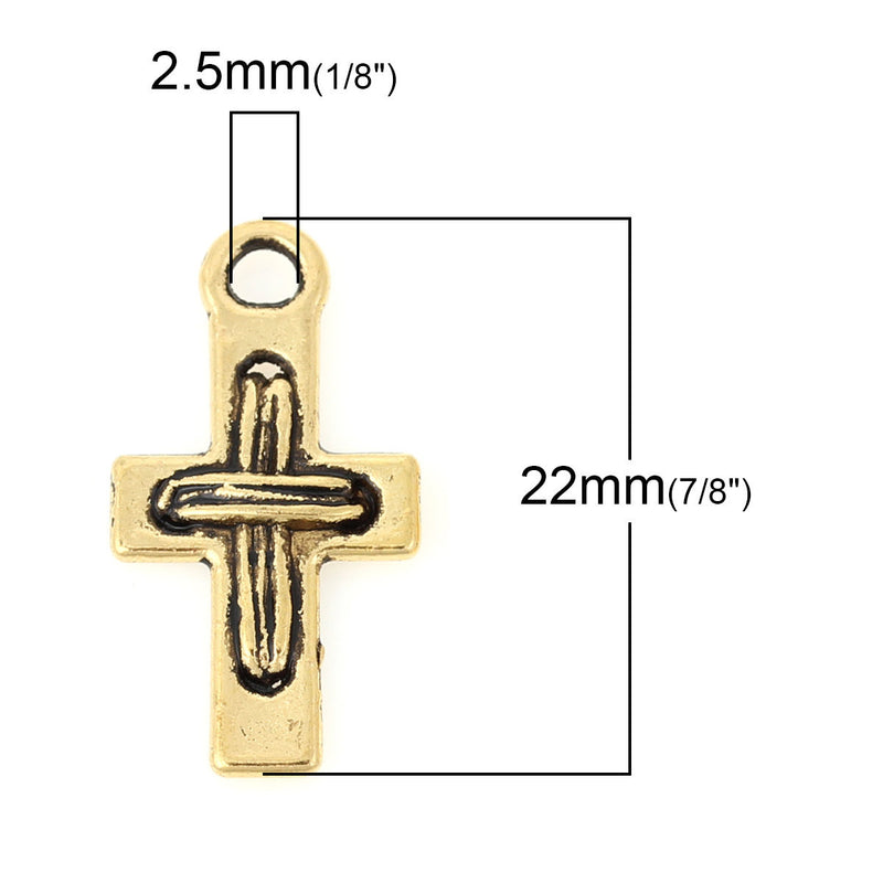 50 Gold RUSTIC CROSS Charm Pendants, 7/8"  chg0386b