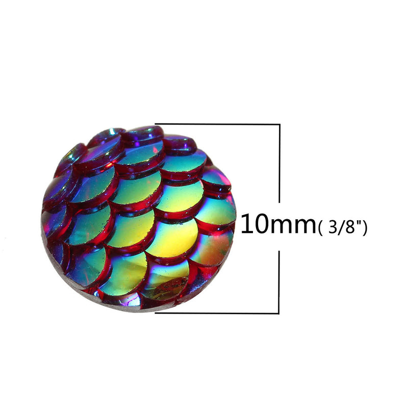 10mm MERMAID FISH SCALE Cabochons, Round Resin Metallic, red iridescent,  10 pieces, 3/8"  cab0399