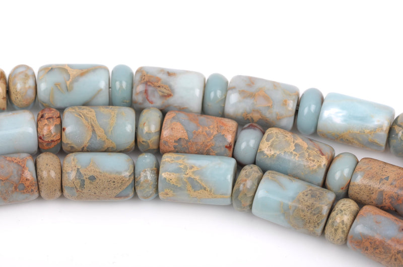 AQUA TERRA JASPER Gemstone Beads, 15x10mm Barrel and 10mm Rondelle, natural, blue green, tan, full strand gja0108