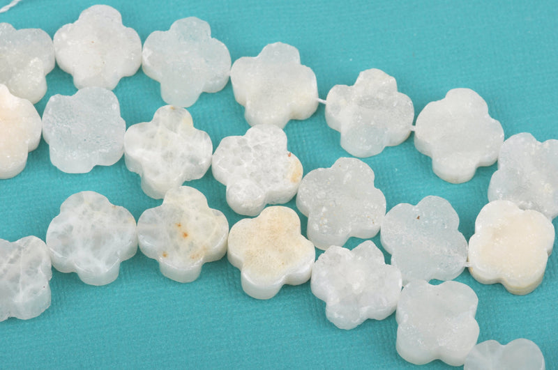 4 DRUZY Beads, QUATREFOIL Shape, White with Sparkly Crystals, Natural Druzy Quartz Beads, flat back cabochons,  16mm gdz0156