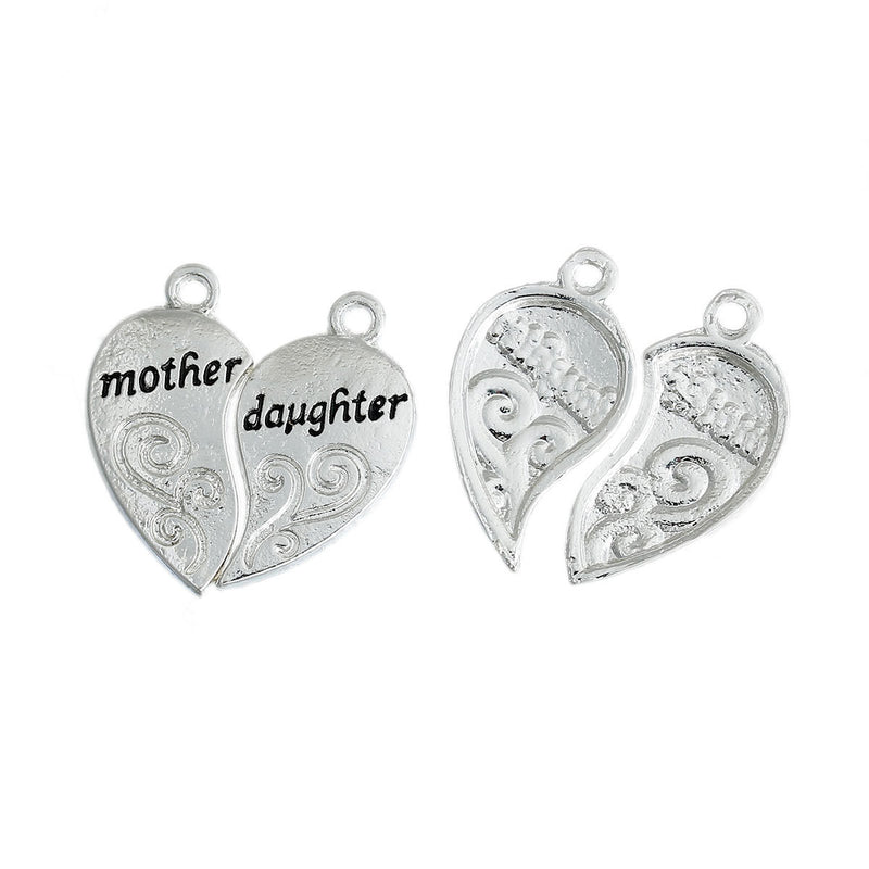 2 Sets Silver MOTHER and DAUGHTER Heart Charm Pendants  chs2313