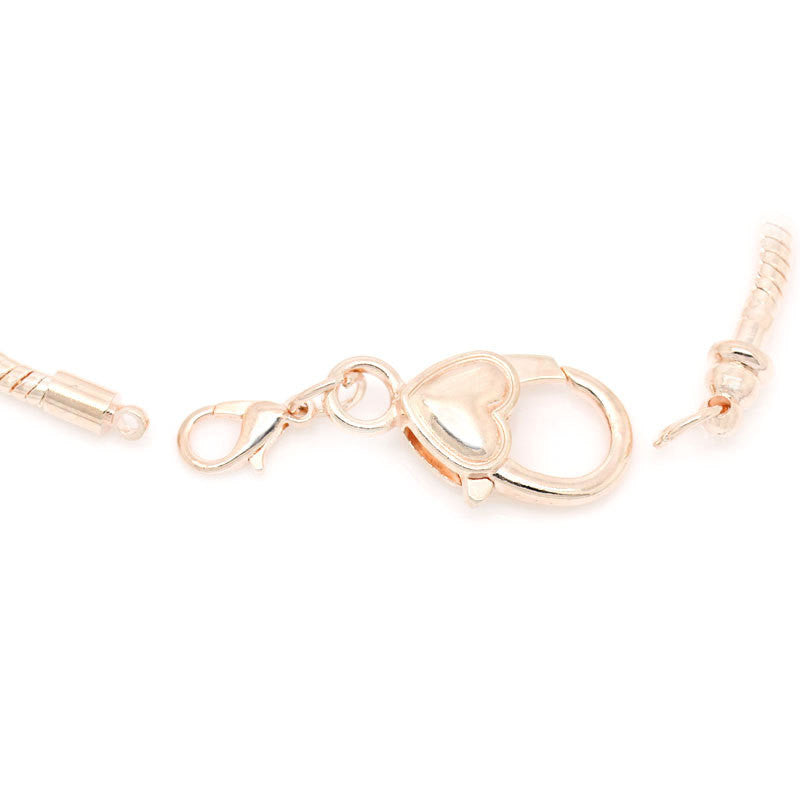 3 Rose Gold Snake Chain Bracelets with Fancy Heart Lobster Clasp, Fits European Style Beads, 18cm, 7-1/8" long FCH0382