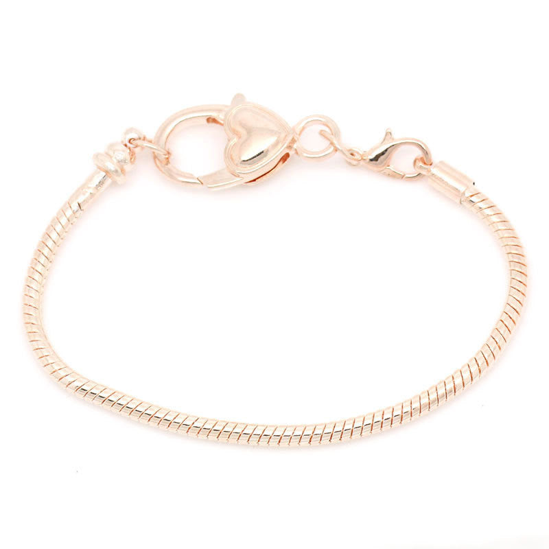 3 Rose Gold Snake Chain Bracelets with Fancy Heart Lobster Clasp, Fits European Style Beads, 18cm, 7-1/8" long FCH0382