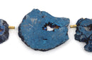 5 Large BLUE DRUZY Natural GEMSTONE Quartz Geode Beads, Flat Round Slabs, beads are 2-1/2" to 3", Metallic Plated Crystals, gdz0161