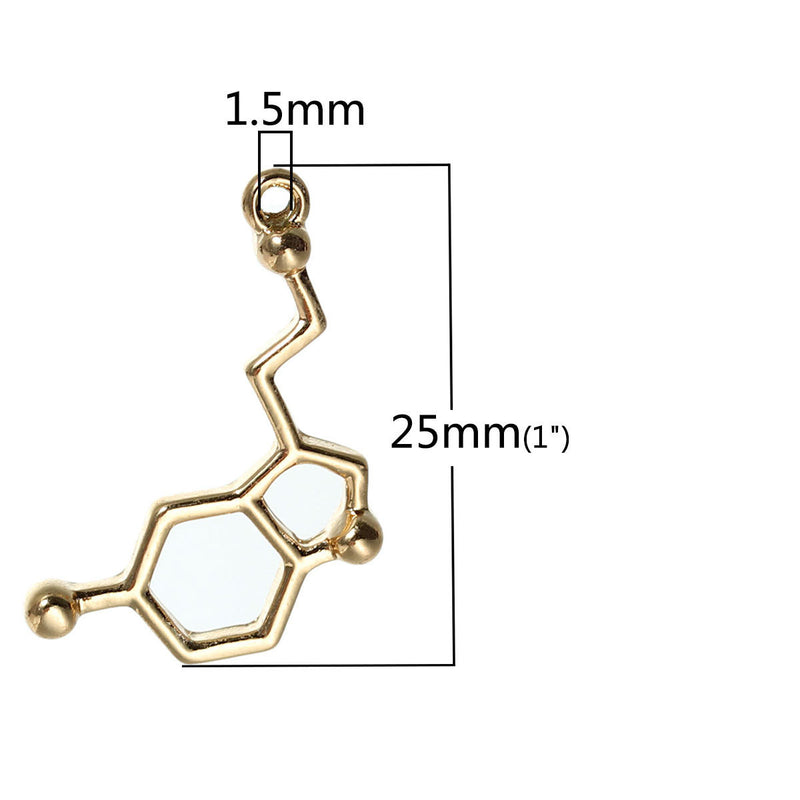 5 SEROTONIN Molecule Chemistry Charms, Gold Plated Charm Pendants, Science Charms, chg0389