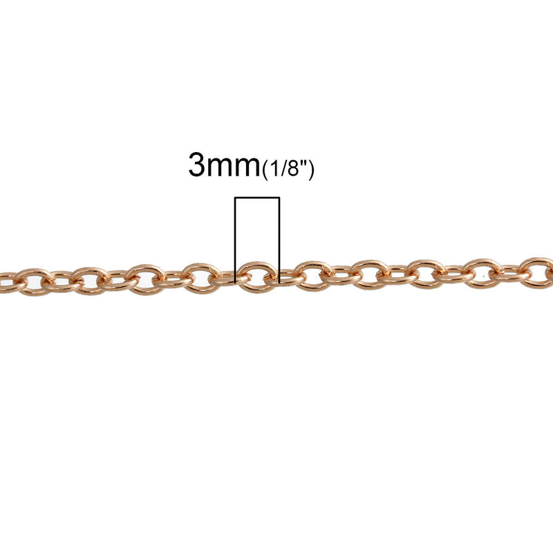 Thin Rose Gold Plated Cable Link Chain 5 meters (15 feet), Fine Chain, Light Rose Gold Bulk Chain, 3mm x 2mm, fch0393