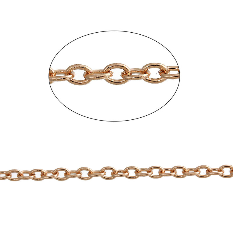 Thin Rose Gold Plated Cable Link Chain 5 meters (15 feet), Fine Chain, Light Rose Gold Bulk Chain, 3mm x 2mm, fch0393