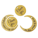 5 sets I Love You To the Moon and Back Pendant Charms, large crescent moon charms and GOLD circle disc, 29x27mm, chg0390