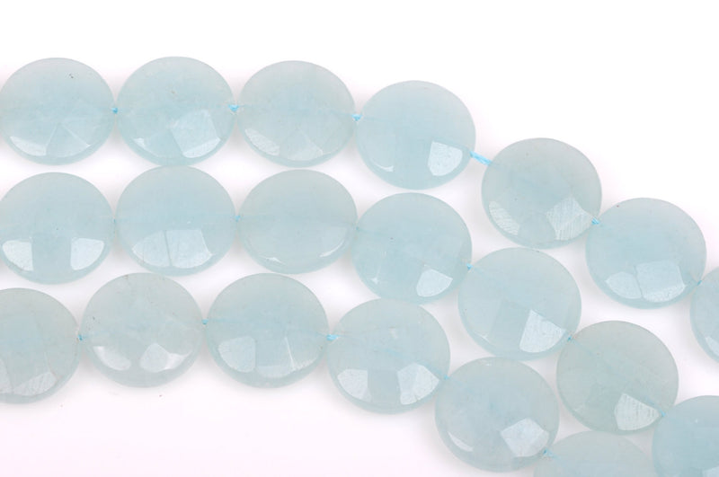 20mm JADE Beads, Round Coin Faceted LIGHT BLUE Gemstone Beads, full strand, about 20 beads, gjd0173