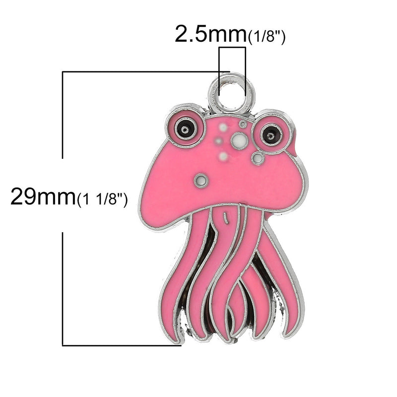 4 PINK JELLYFISH Charms Pendants, Silver charms with enamel,  29x19mm, che0514